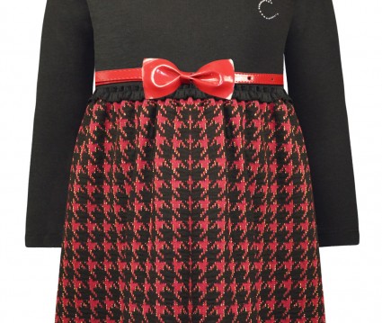 Φόρεμα καρό  με βινύλ ζώνη-μαύρο