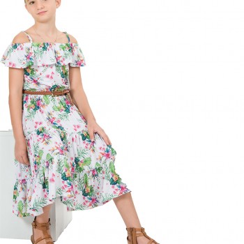  Dress off-shoulder with floral motif and adjustable straps