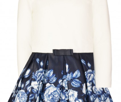 Φόρεμα μονόχρωμο επάνω και εμπριμέ με πιέτες στο κάτω μέρος