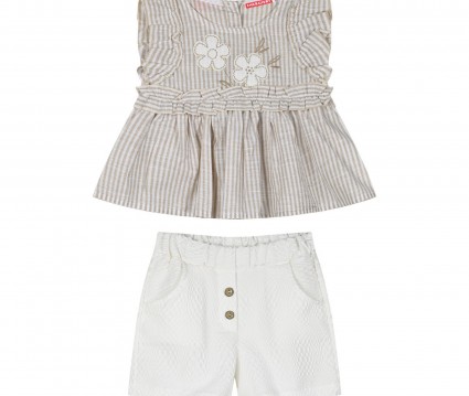 Παιδικό σετ 2 τεμάχια  τοπ ριγέ με κέντημα και σορτς για κορίτσι εκρού