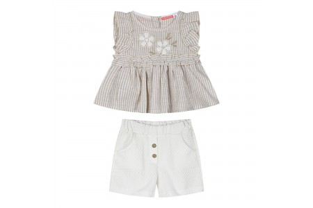 Παιδικό σετ 2 τεμάχια  τοπ ριγέ με κέντημα και σορτς για κορίτσι εκρού