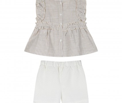 Παιδικό σετ 2 τεμάχια  τοπ ριγέ με κέντημα και σορτς για κορίτσι εκρού