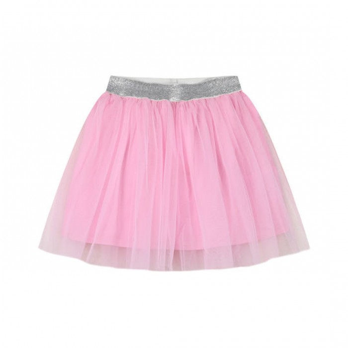 Μονόχρωμη φούστα  με τούλι και ασημί λάστιχο για κορίτσι | ροζ|