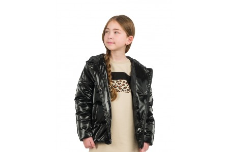 Γυαλιστερό μπουφάν καπιτονέ με κουκούλα για κορίτσι | ΜΑΥΡΟ