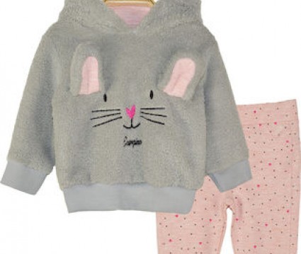 Σετ μπλούζα γούνα με κουκούλα και παντελόνι φούτερ με πουά λεπτομέρειες