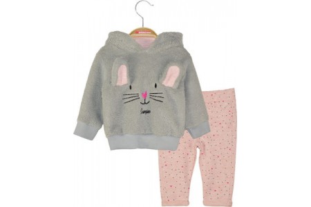 Σετ μπλούζα γούνα με κουκούλα και παντελόνι φούτερ με πουά λεπτομέρειες